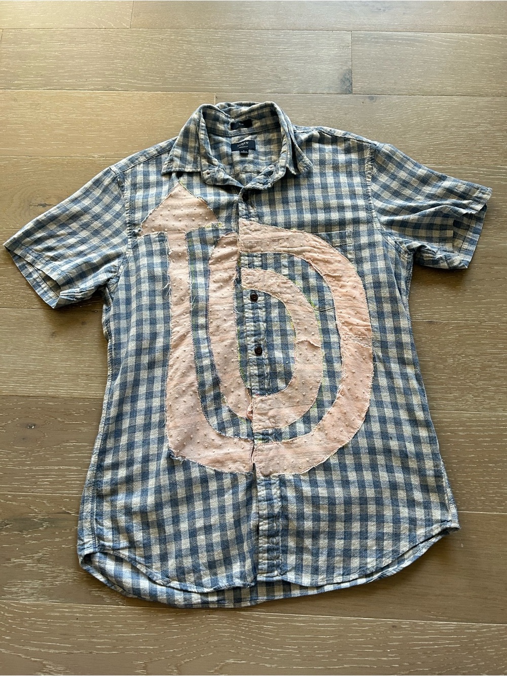 J. Crew Blue and White Check Short-Sleeve Button-Up with Pink Graphic